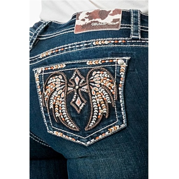 Grace in LA Women's Western Feather Wing Cross Embroidered Stretch Bootcut Jeans - Picture 1 of 3